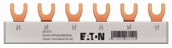 Een verzamelrailverbinder van Eaton met zes oranje, U-vormige aansluitklemmen, gemerkt met L1, L2, L3. Geschikt voor 3-fase systemen tot 415V AC.