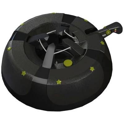 Zwart, rond apparaat met propellerbladen en gele steraccenten. Geschikt voor luchtcirculatie of reiniging.