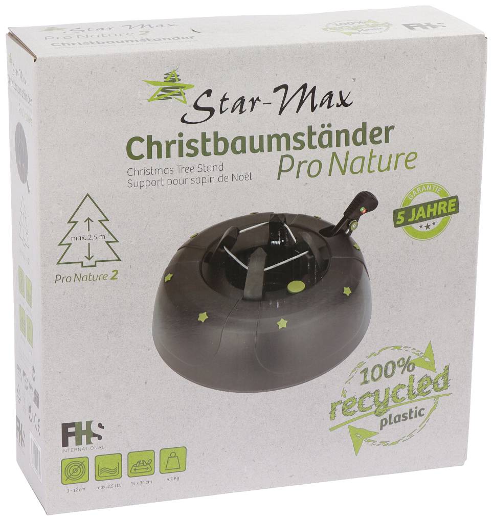 Verpakking van een kerstboomstandaard 'Pro Nature' van Star-Max, gemaakt van 100% gerecycled kunststof met 5 jaar garantie.