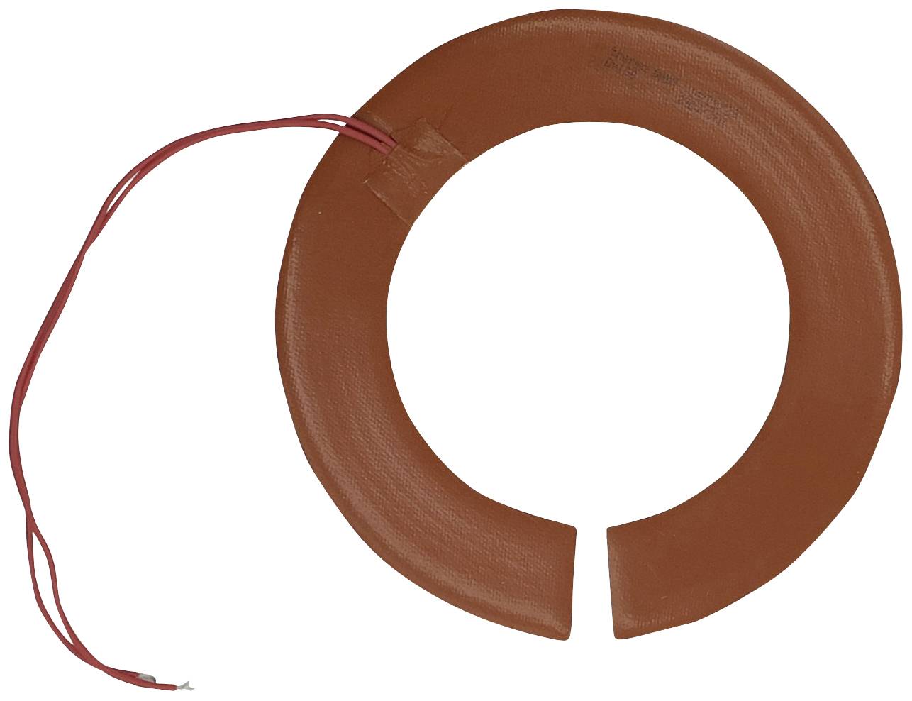 Een bruine, ringvormige siliconverwarmer met een opening en een kabel voor aansluiting, afgebeeld op een witte achtergrond.
