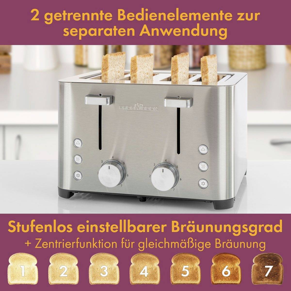 Een roestvrij stalen broodrooster met twee broodsleuven en aparte bedieningselementen. Beschikt over een bruiningsgraadschaal van 1 (licht) tot 7 (donker).