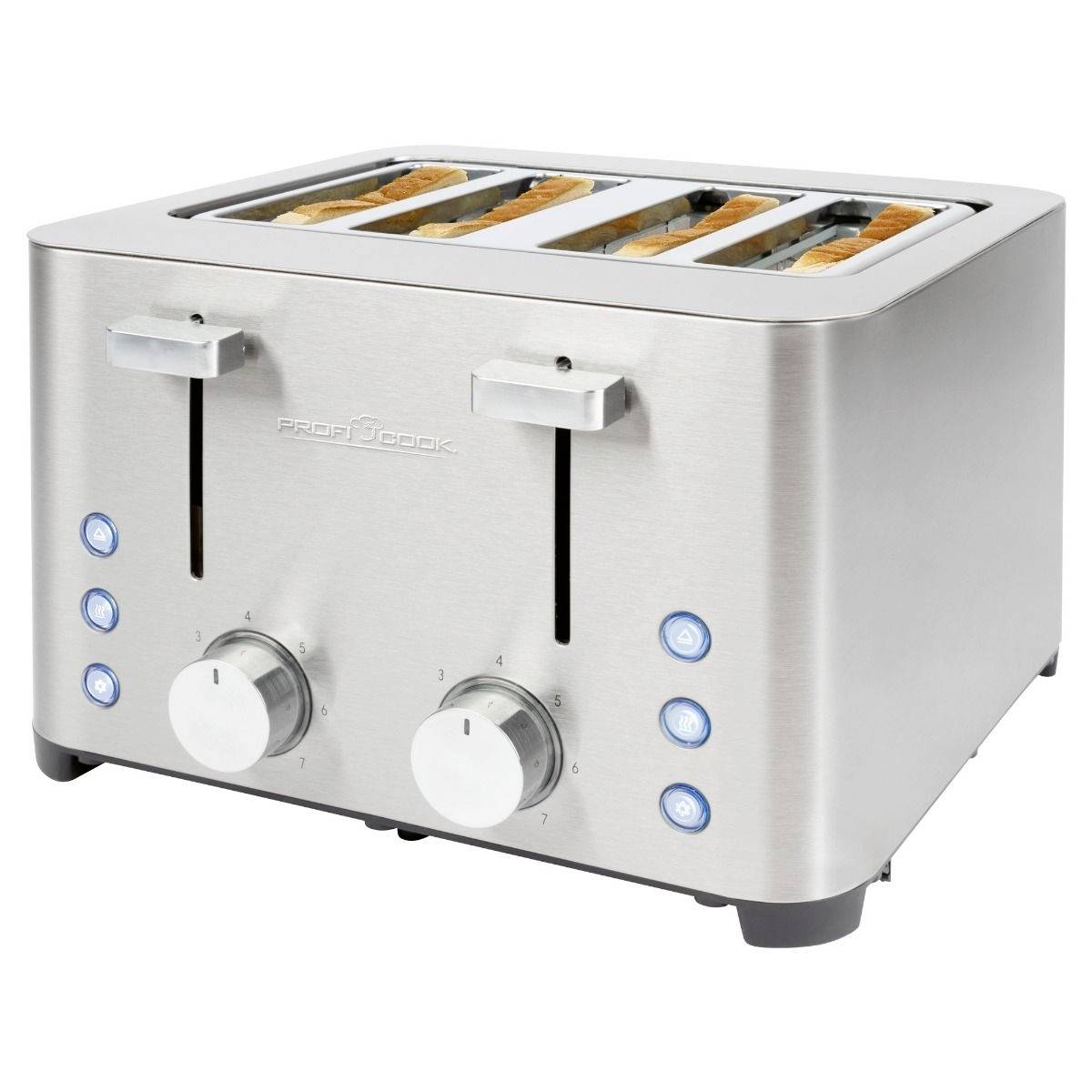 Een zilveren broodrooster met vier toastplekken, twee draaiknoppen voor bruiningsinstellingen en twee hefboompjes voor het optillen van de toast.
