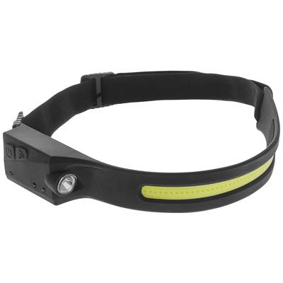 Hoofdlamp met verstelbare riem, zijlicht en geel verlichtingsbandje. Ideaal voor buitenactiviteiten in het donker.