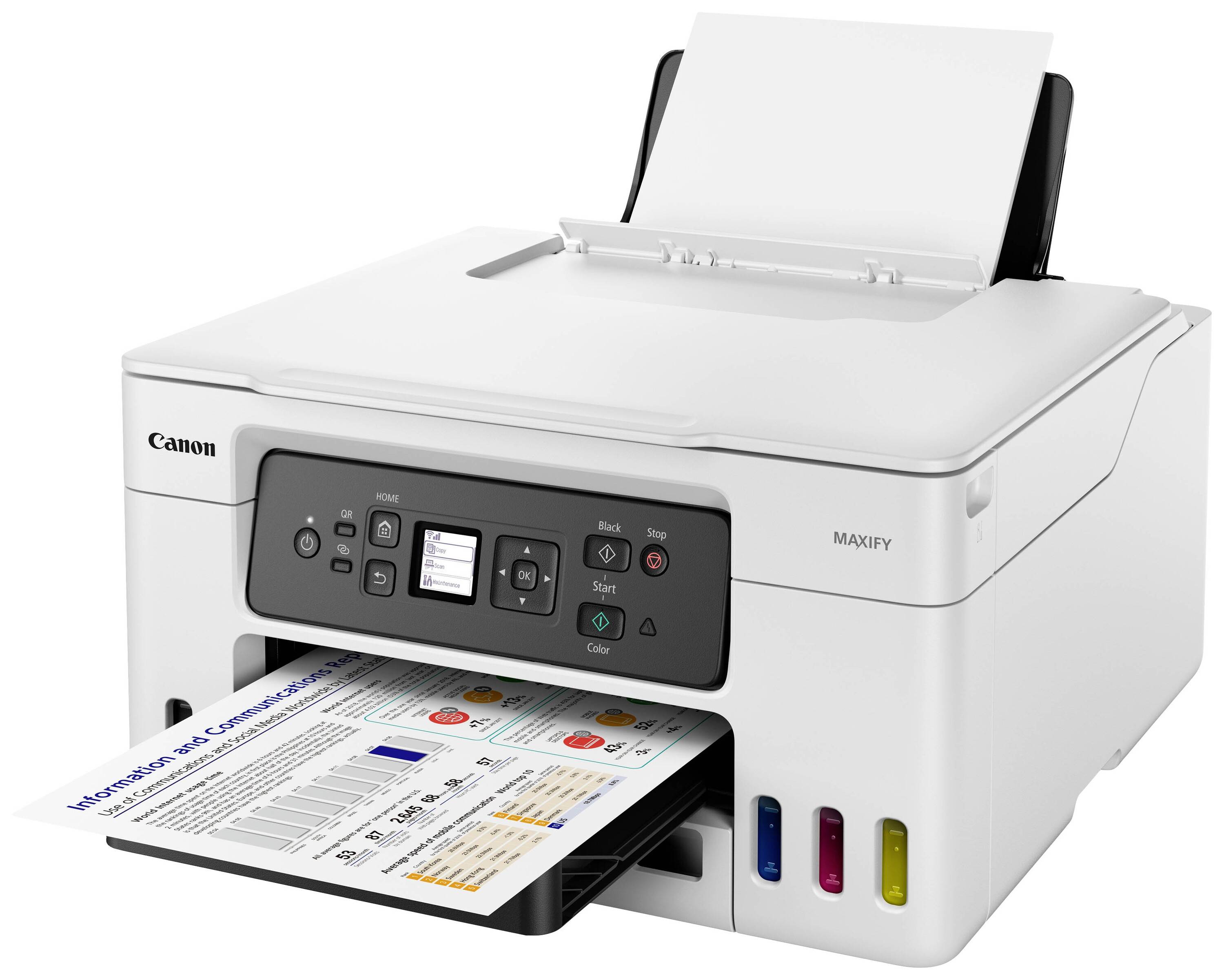 Een witte Canon-printer uit de Maxify-serie met een ingebouwd display en knoppen drukt een gekleurd document met grafieken en tekst af.