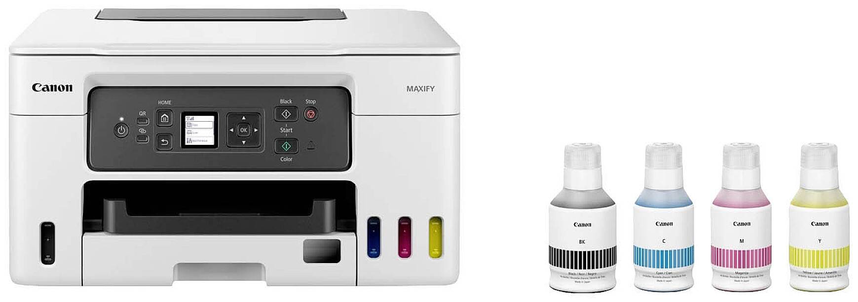 Een witte printer met vier kleurflessen aan de rechterkant: Zwart, Cyaan, Magenta, Geel. Geschikt voor thuis- of kantooromgeving.