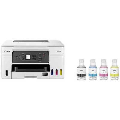 Een witte printer met vier kleurflessen aan de rechterkant: Zwart, Cyaan, Magenta, Geel. Geschikt voor thuis- of kantooromgeving.