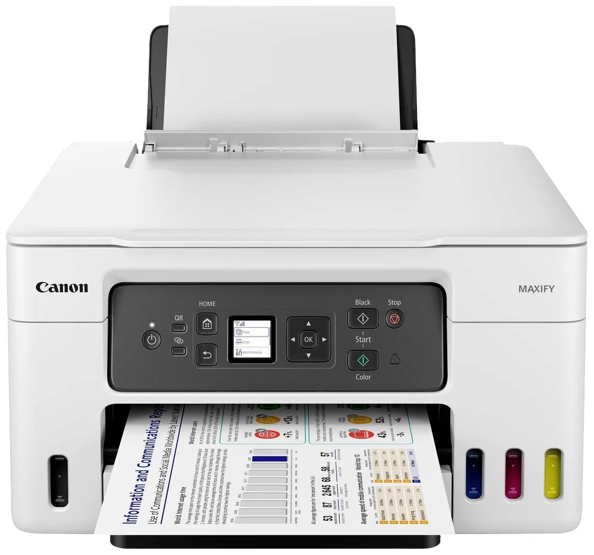 Een Canon MAXIFY printer waarop een kleurdiagram wordt afgedrukt. De printer heeft een digitaal display en gekleurde inktpatronen.