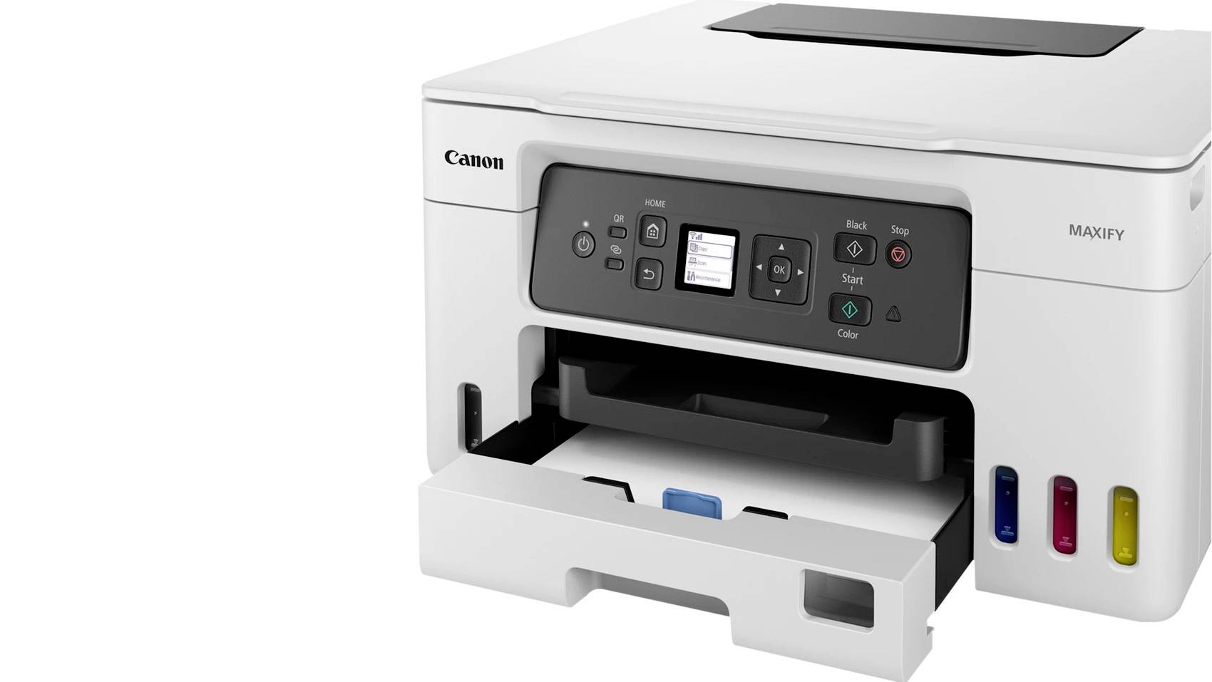Een witte printer met geopende papierlade. Bedieningsknoppen en een klein display zijn zichtbaar. Merknaam linksboven.