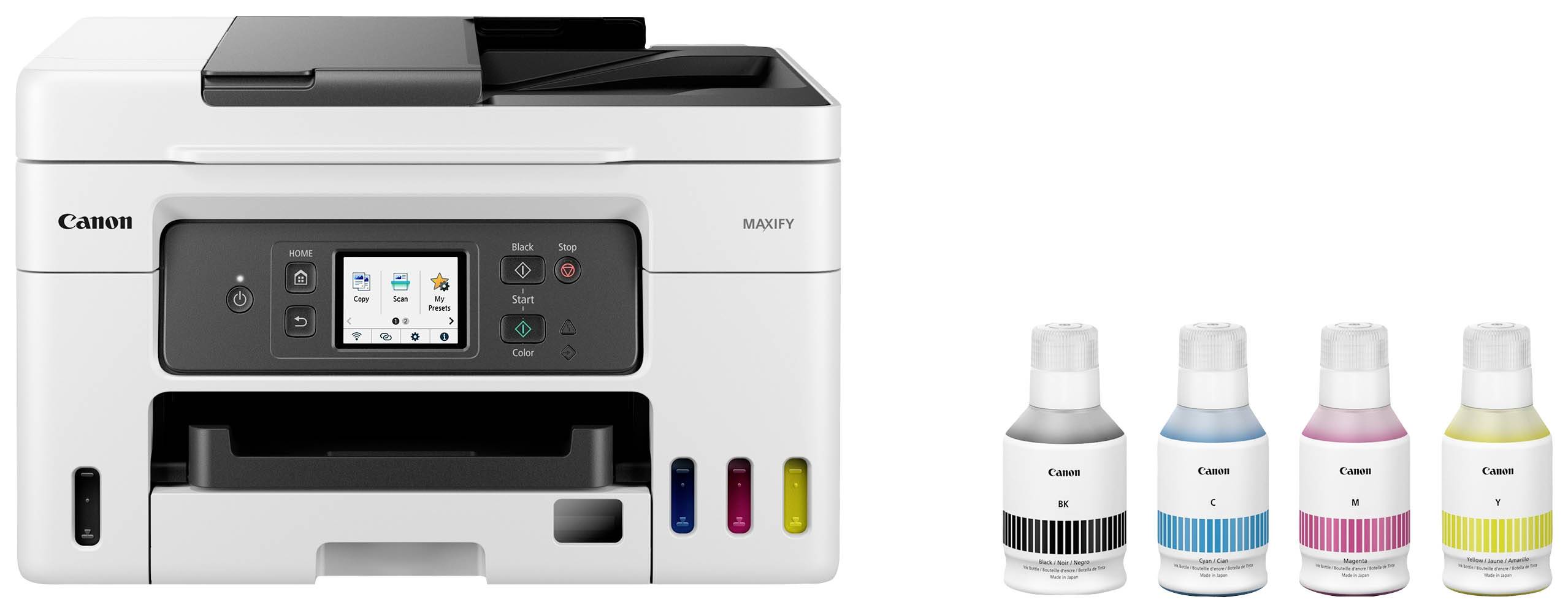 Een witte printer met display en vijf bedrukte symbolen voor verschillende functies, naast vier inktflessen in zwart, cyaan, magenta en geel.