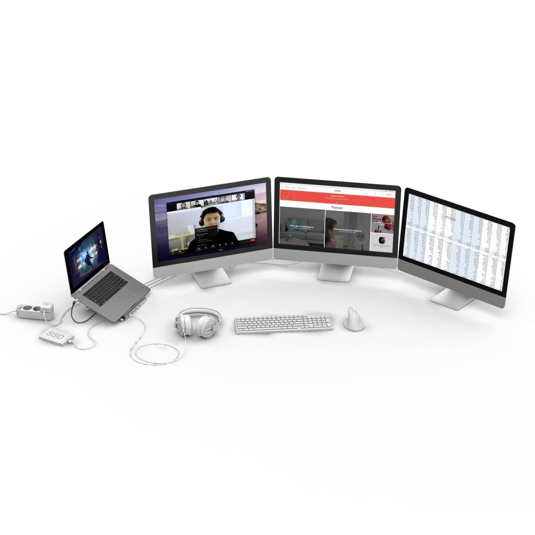 Meerdere monitors en een laptop tonen verschillende inhouden: een videogesprek, websites en een gegevensblad. Koptelefoon en muis zijn zichtbaar.