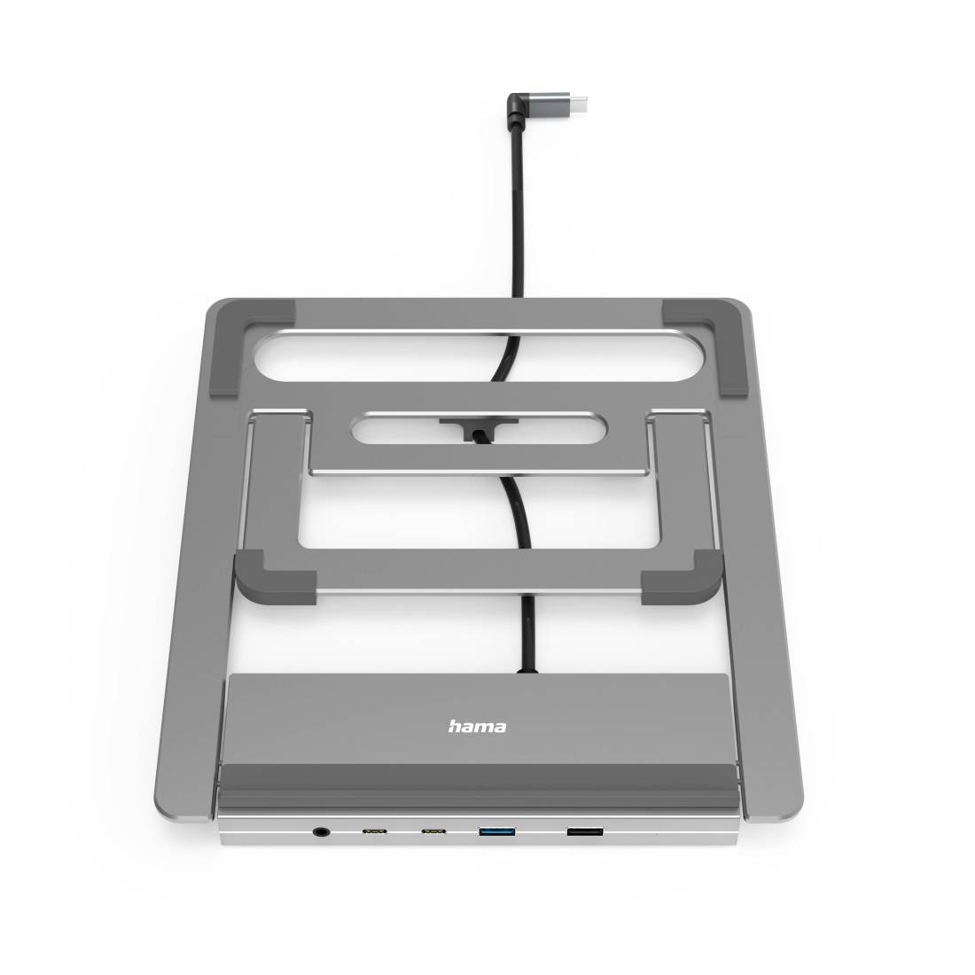 Een verstelbare laptopstandaard van Hama, grijs, met meerdere aansluitingen aan de voorkant.