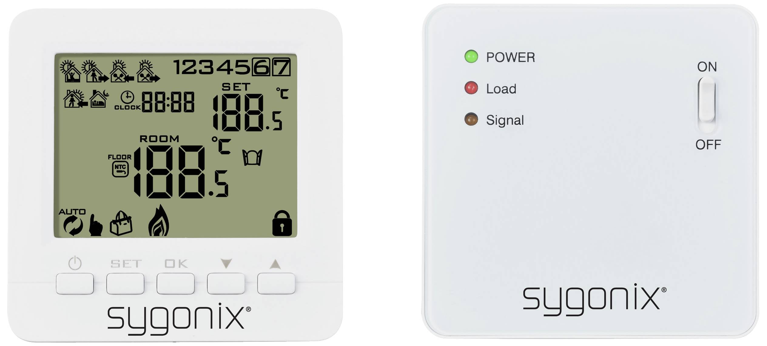 Twee Sygonix-apparaten: Links een thermostaat met temperatuurweergave en symbolen, rechts een besturingsapparaat met voedings-, belasting- en signaalindicatoren.