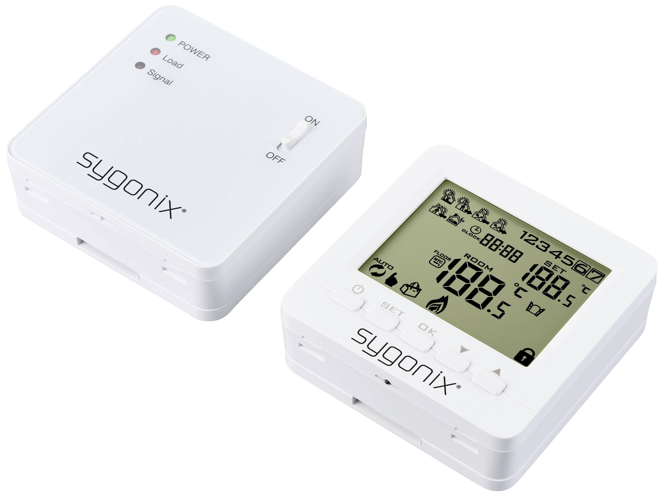 Twee witte elektronische apparaten van 'Sygonix'. Links een besturingsapparaat met LED's voor voeding en signaal, rechts een LCD-meetapparaat met verschillende symbolen en cijfers.