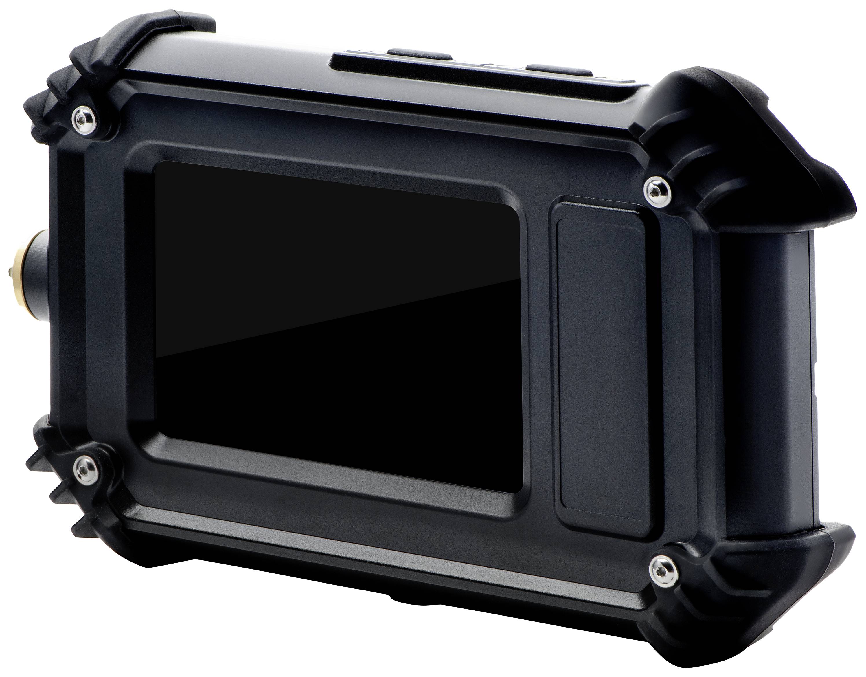 Een zwarte camera met een robuuste beschermbehuizing en een digitaal display aan de achterkant, geschikt voor buitenactiviteiten.