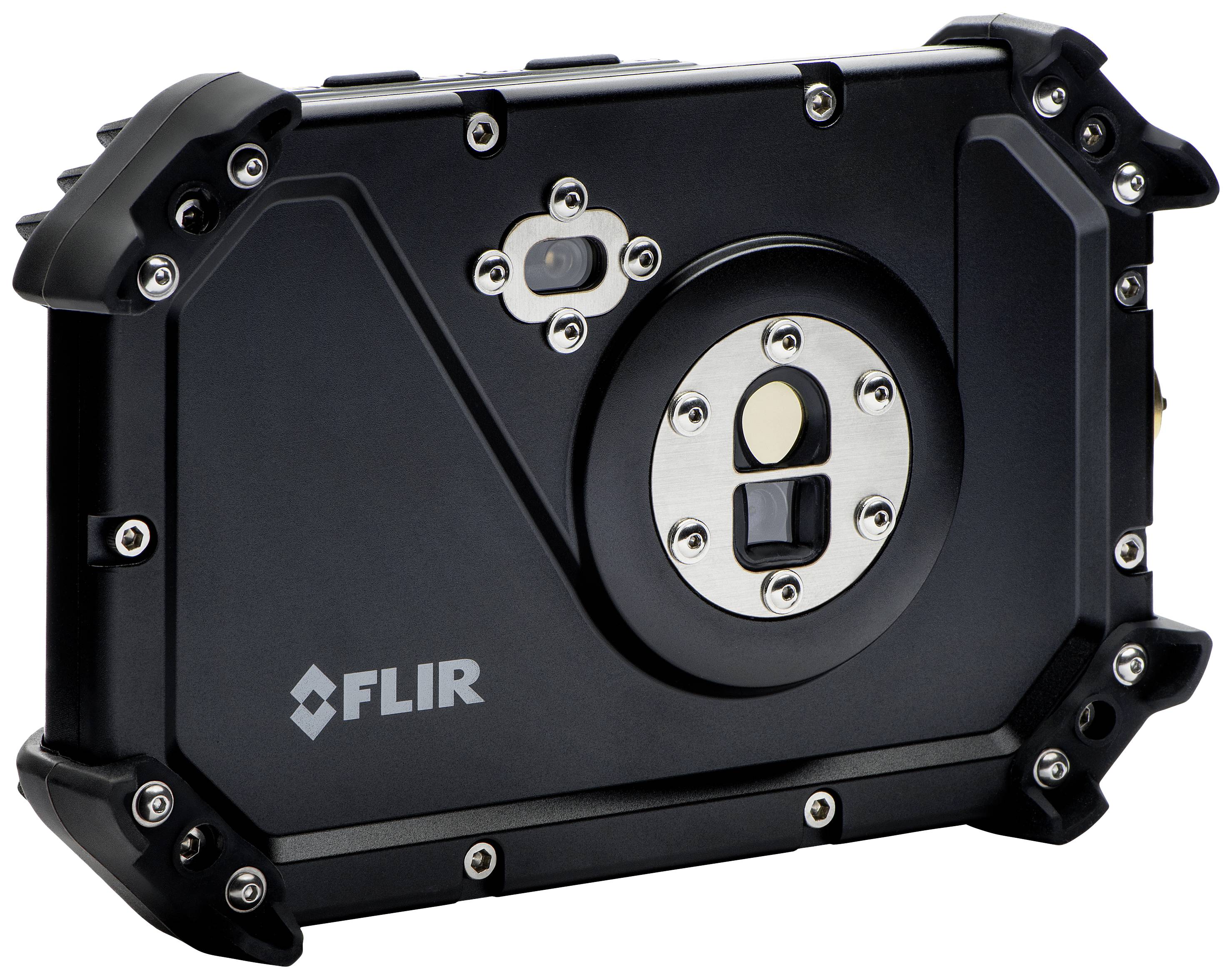 Een robuust, zwart apparaat met cameralens en FLIR-logo aan de achterkant. Ontwikkeld voor gebruik in veeleisende omgevingen.