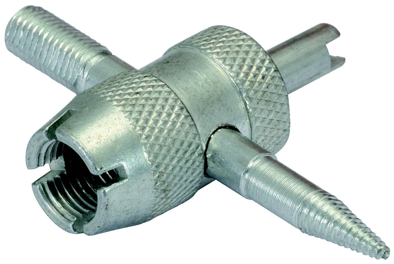 Een zilverkleurig metalen ventieluitdraaigereedschap met vier verschillende uiteinden, geschikt voor het vast- en losmaken van ventielen.