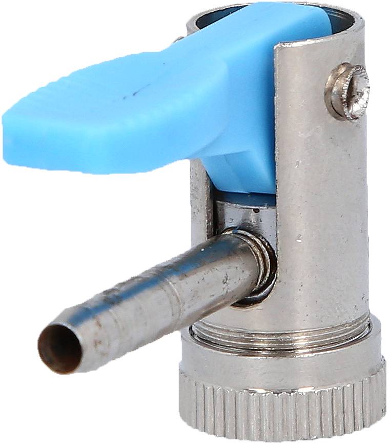 Metalen ventiel met blauwe hendel voor het regelen van de persluchtstroming, geschikt voor toepassingen in pneumatische systemen.