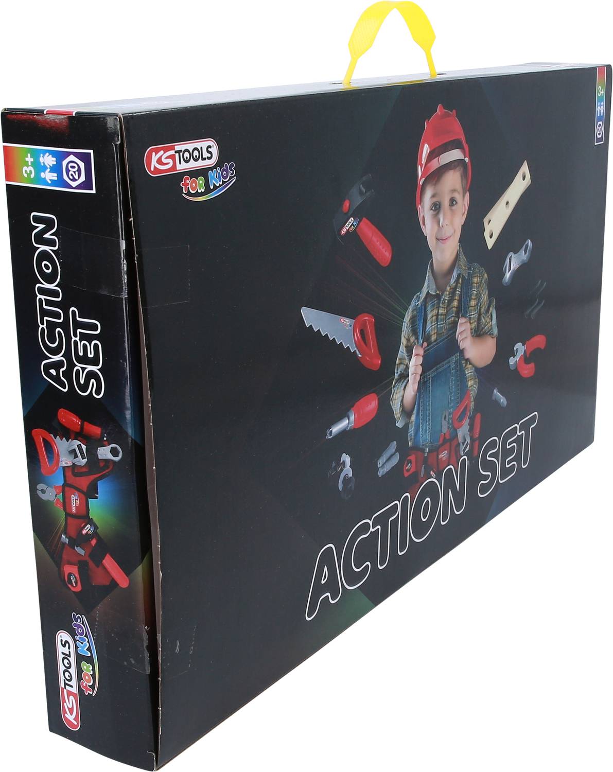 Actie-set voor kinderen vanaf 3 jaar. Afbeelding van een kind met speelgoed-gereedschap, zoals een zaag en een moersleutel. Verpakking toont gereedschappen.