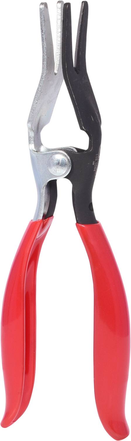 Rode tang met zwarte handgrepen, voor het vasthouden of samendrukken van materialen. Hulpmiddel in ambachtelijke of technische toepassingen.