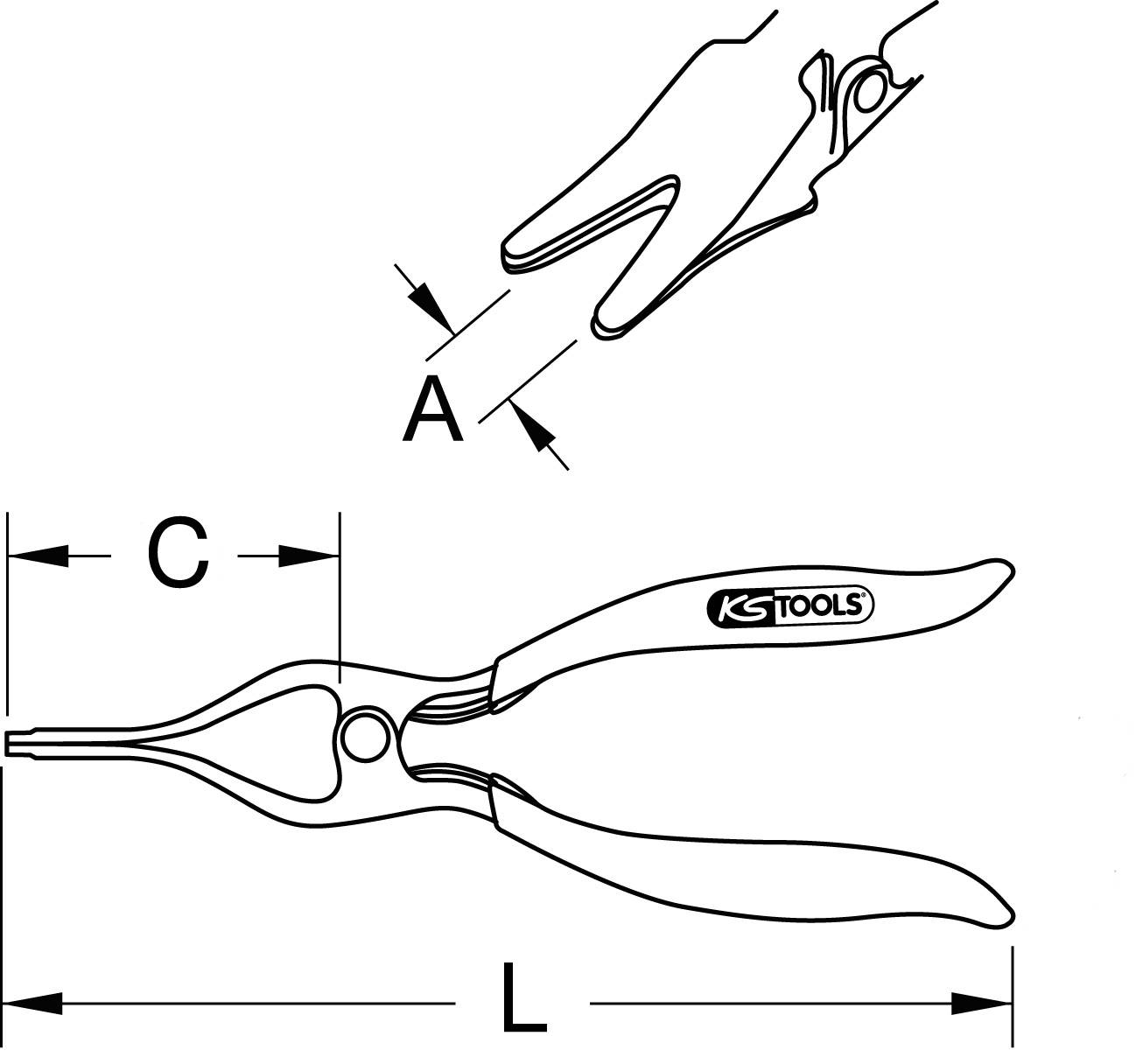 'Illustratie van een borgveertang van KS Tools. Afmetingen: L = Totale lengte, C = Kopbreedte, A = Bekopening. Getoond met beugel.'