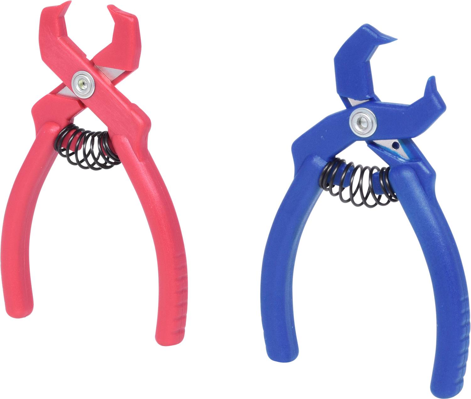 Twee handgrepen met veren, rood en blauw. Ze lijken te worden gebruikt als spangereedschap of houdgereedschap.