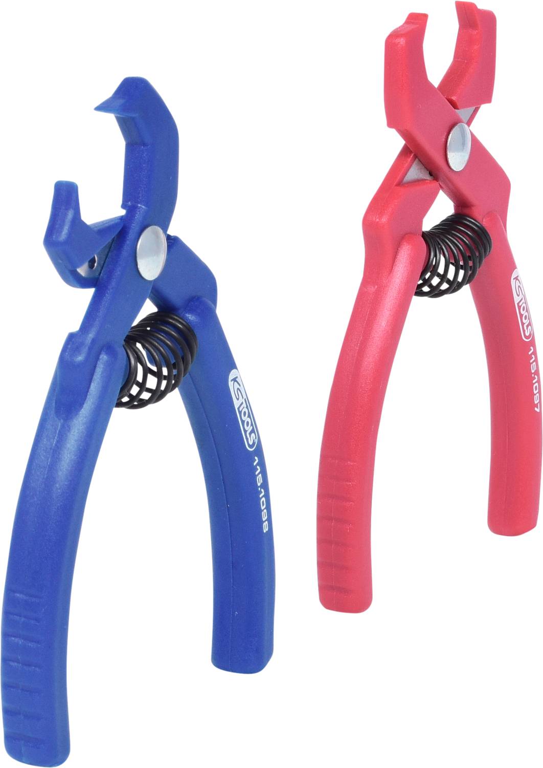 Twee kabelkniptangen, één blauw en één rood, voor het snel en veilig doorsnijden van kabelbinders.