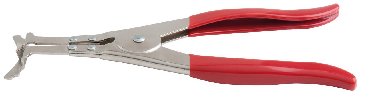 Een zilveren perforator met rode handgrepen, gebruikt voor het maken van gaten in materialen.