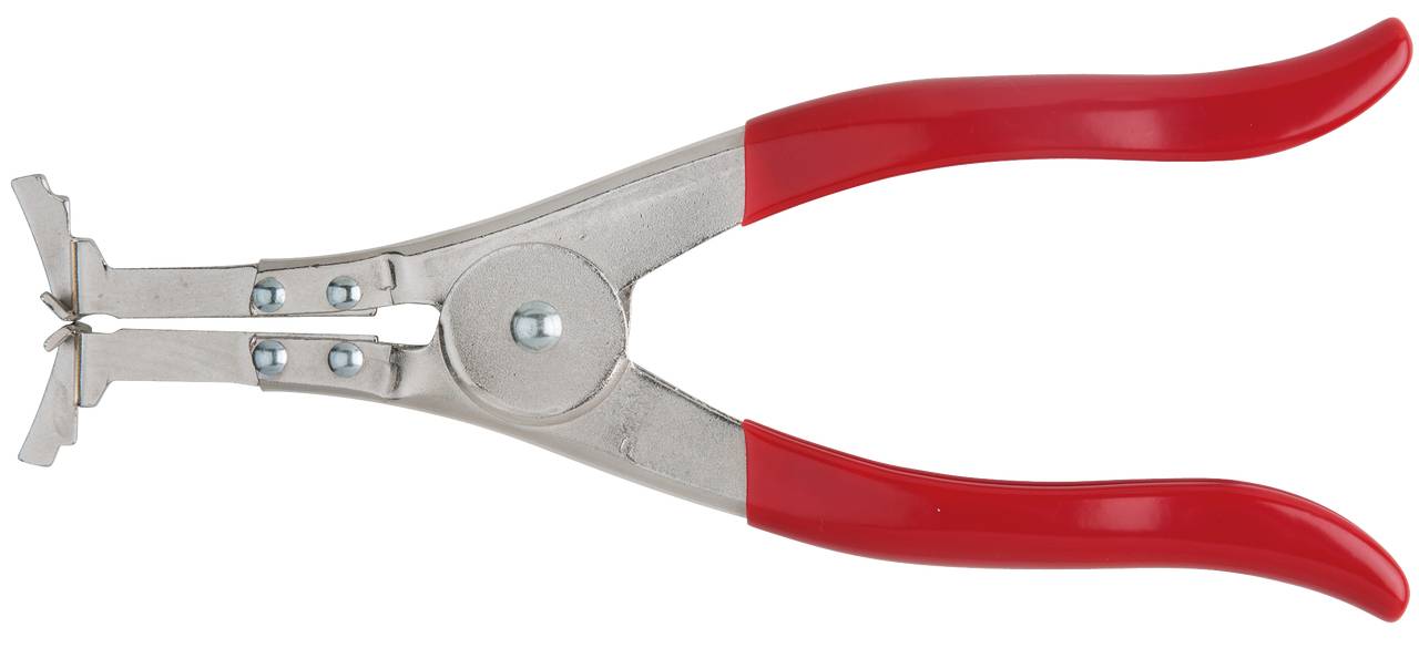Tang met rode handgrepen en een metalen lichaam, geopend. Hij wordt vaak gebruikt om klemmen of ringen vast te houden of te verwijderen.