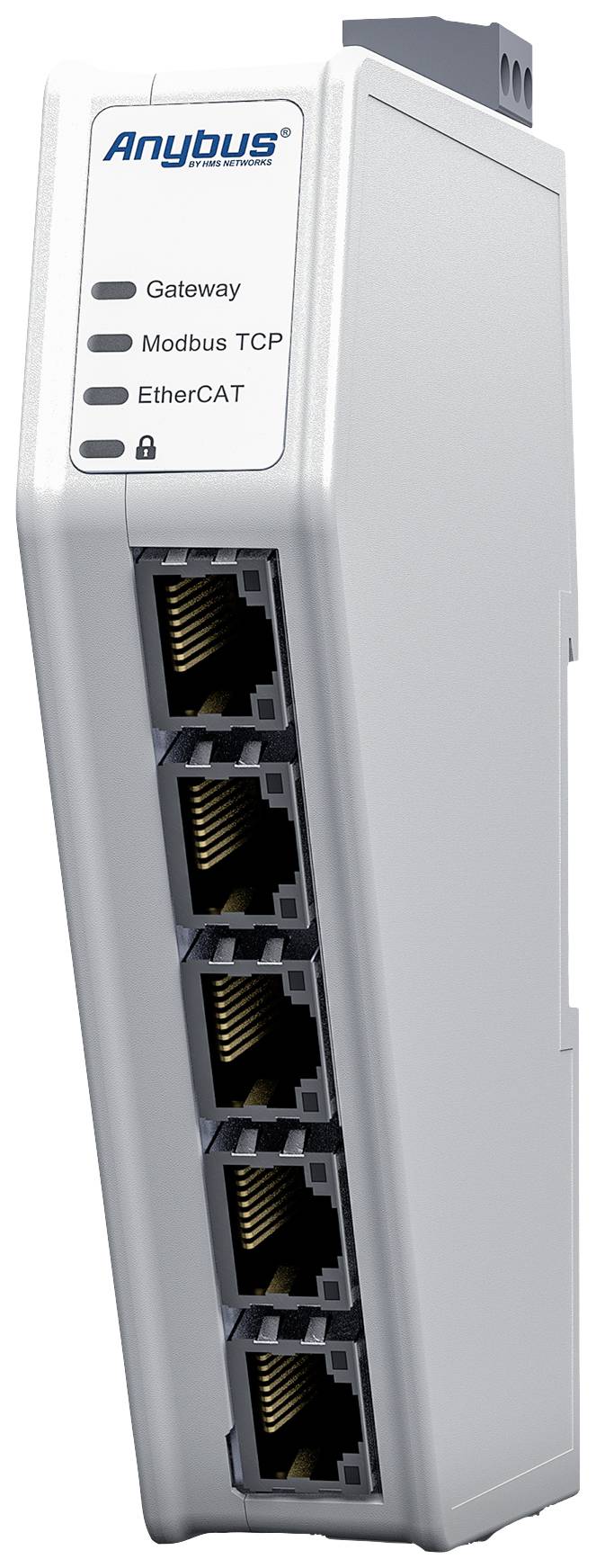 'Anybus' netwerkgateway in wit met zes Ethernet-poorten, voorzien van LED-indicatoren voor 'Gateway', 'Modbus TCP' en 'EtherCAT'.