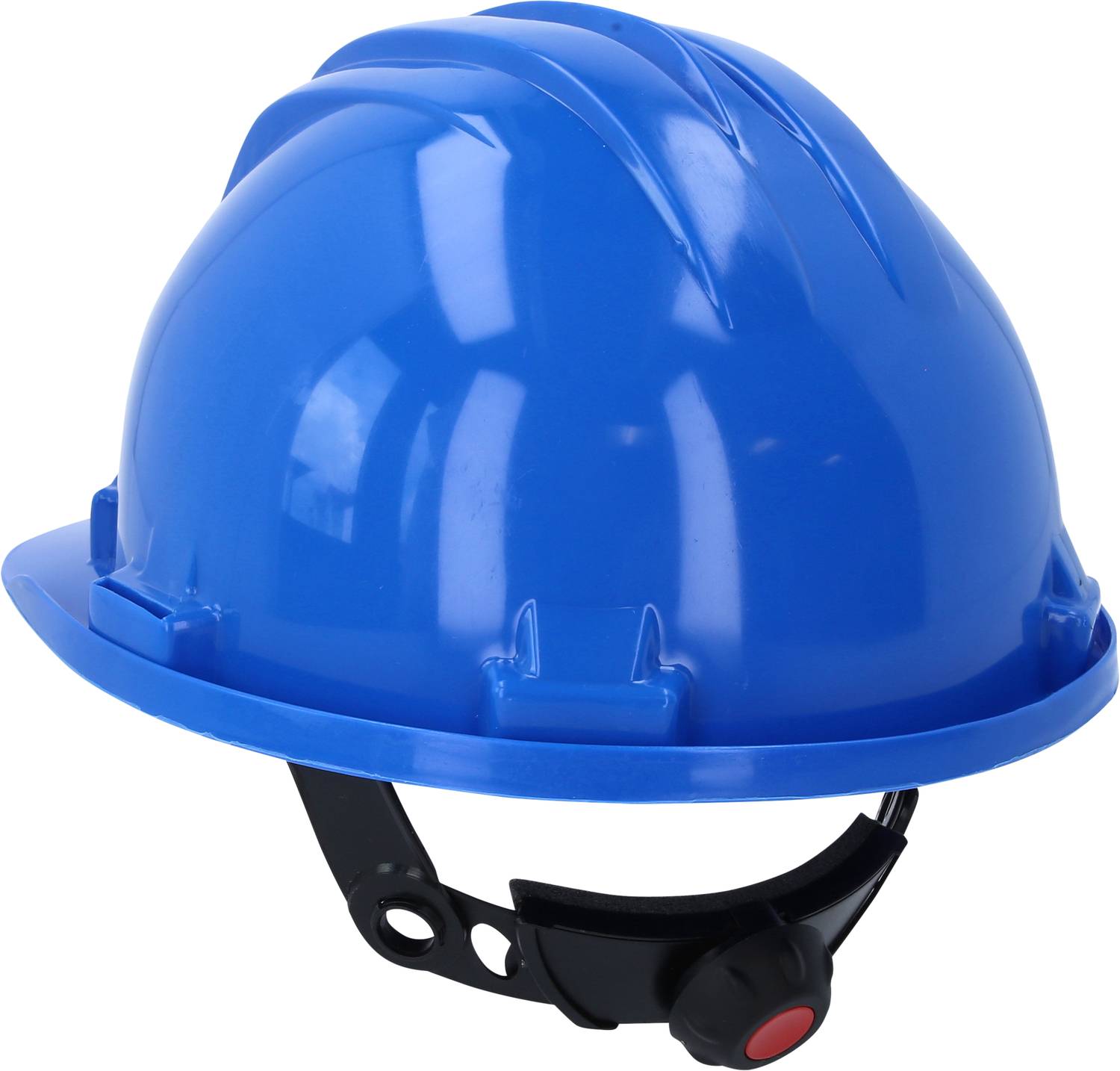 Blauwe veiligheidshelm met zwarte kinband, gebruikt voor veiligheidsdoeleinden op bouwplaatsen of in industriële omgevingen.