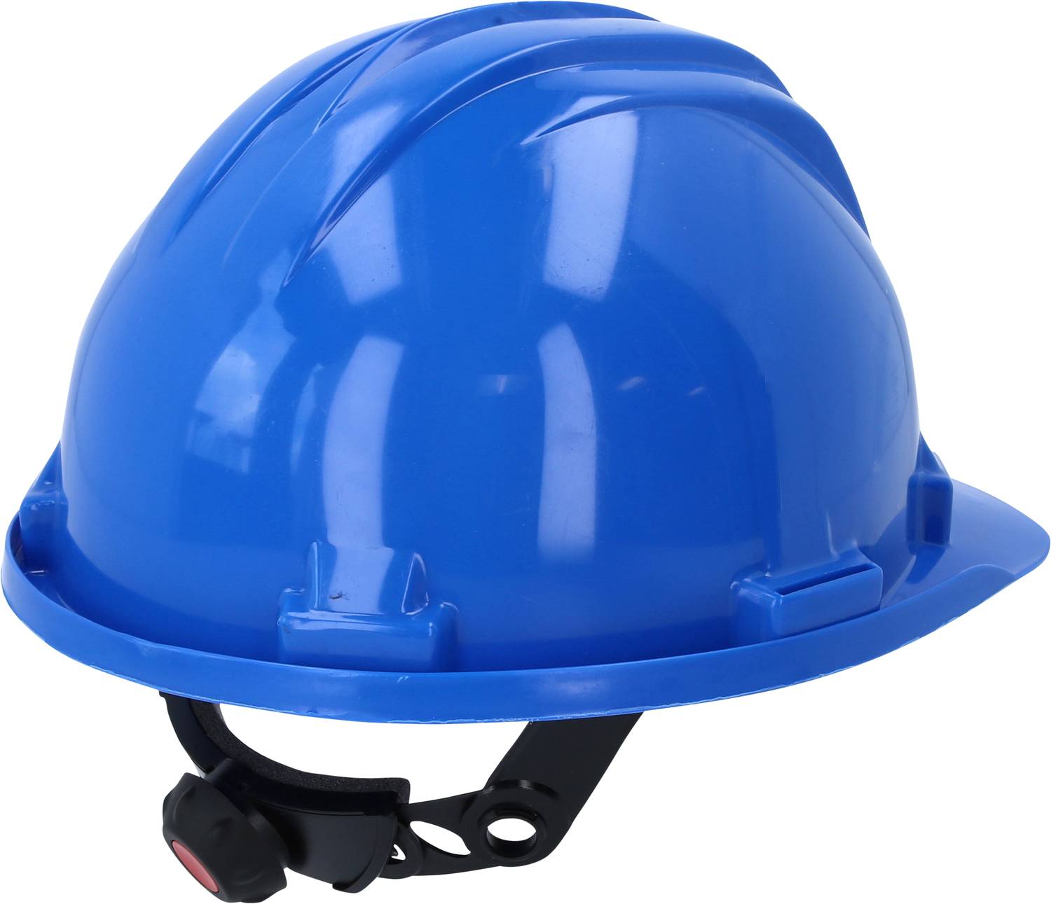Een blauwe veiligheidshelm met verstelbare kinband, gebruikt voor veiligheidsdoeleinden op bouwplaatsen of in industriële omgevingen.