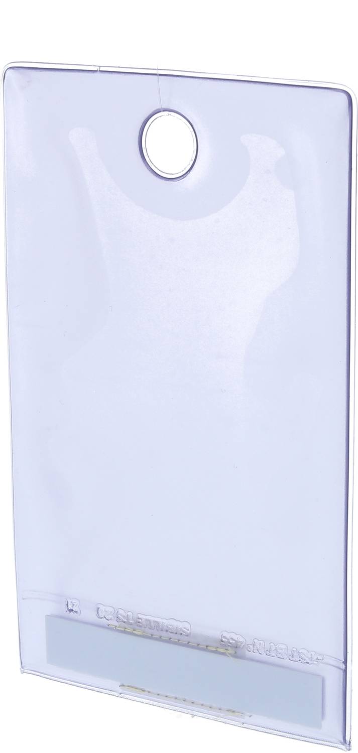 Transparante plastic hoes met een opening, geschikt voor het insteken van een identiteitsbewijs of ID-kaart.