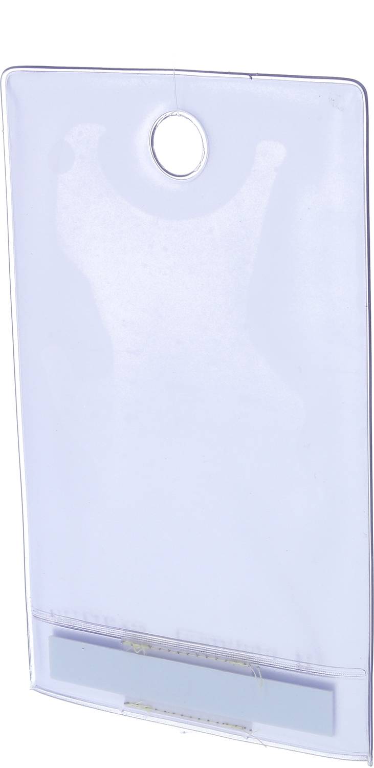 Transparante, lege pashouder van plastic met een gat bovenaan om aan een keycord te bevestigen.