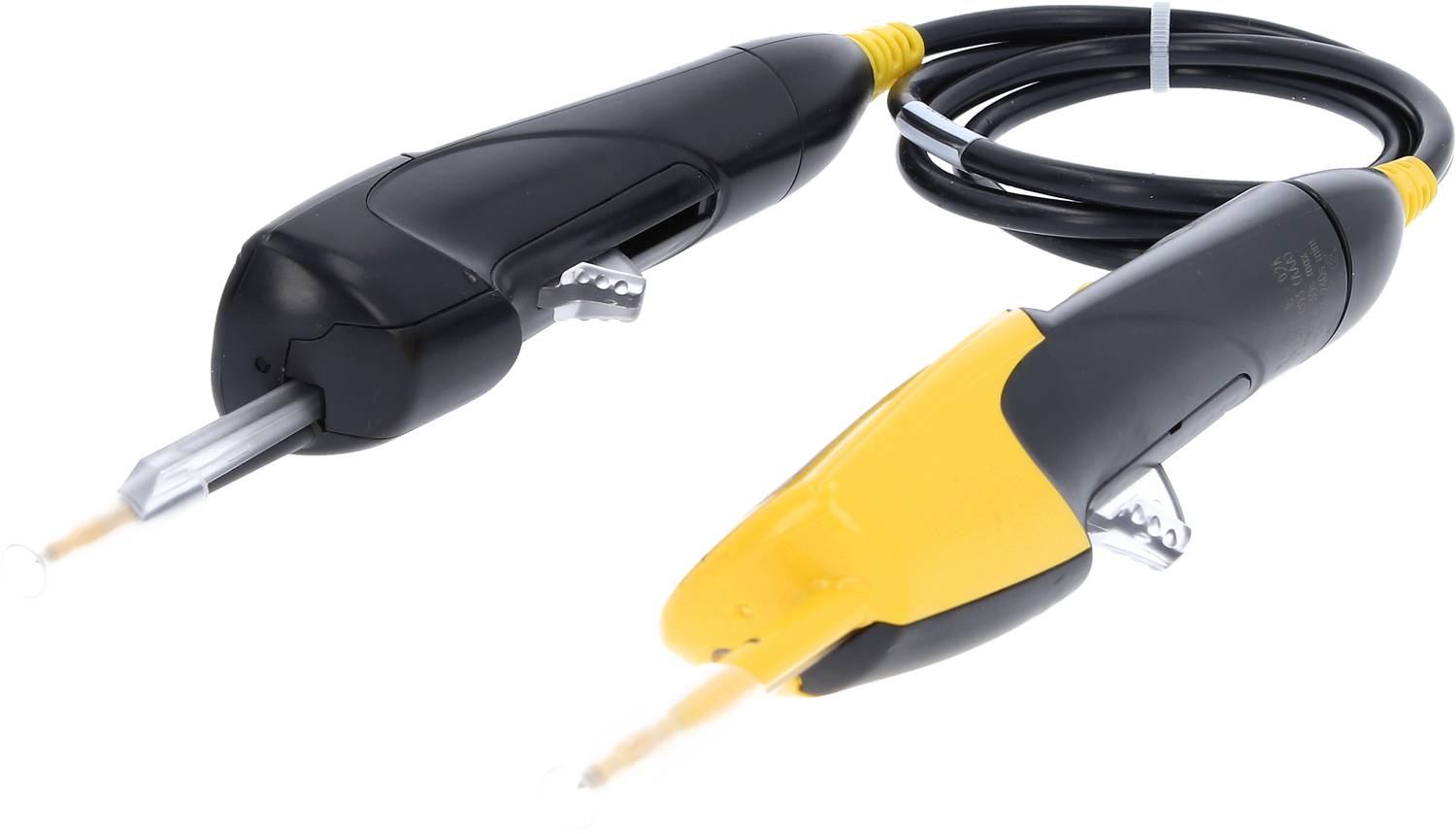Twee elektrische soldeerstiften met gele en zwarte handgrepen, verbonden door een lang snoer.