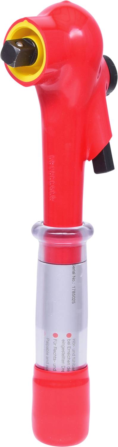 Een rood gereedschap met een ergonomische handgreep en een gele inzet aan de punt. Eronder een metalen dop met markeringen.