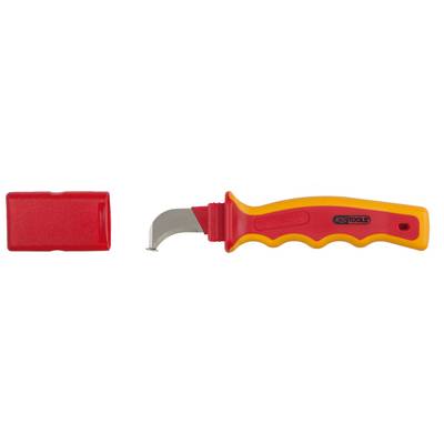 Een rood veiligheidsmesje met een gele handgreep en rood lemmet naast een rode beschermkap, geschikt voor veilig snijden.