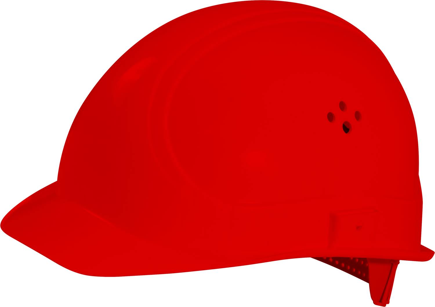 Een rode veiligheidshelm, gezien van opzij. De helm heeft ventilatieopeningen en een verstelbare binnenband voor een veilige pasvorm.