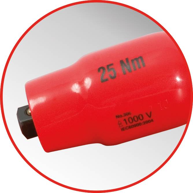 Een rode, geïsoleerde momentsleutel met de opdruk '25 Nm', geschikt voor hoogspanningswerkzaamheden tot 1000 V conform IEC-norm.