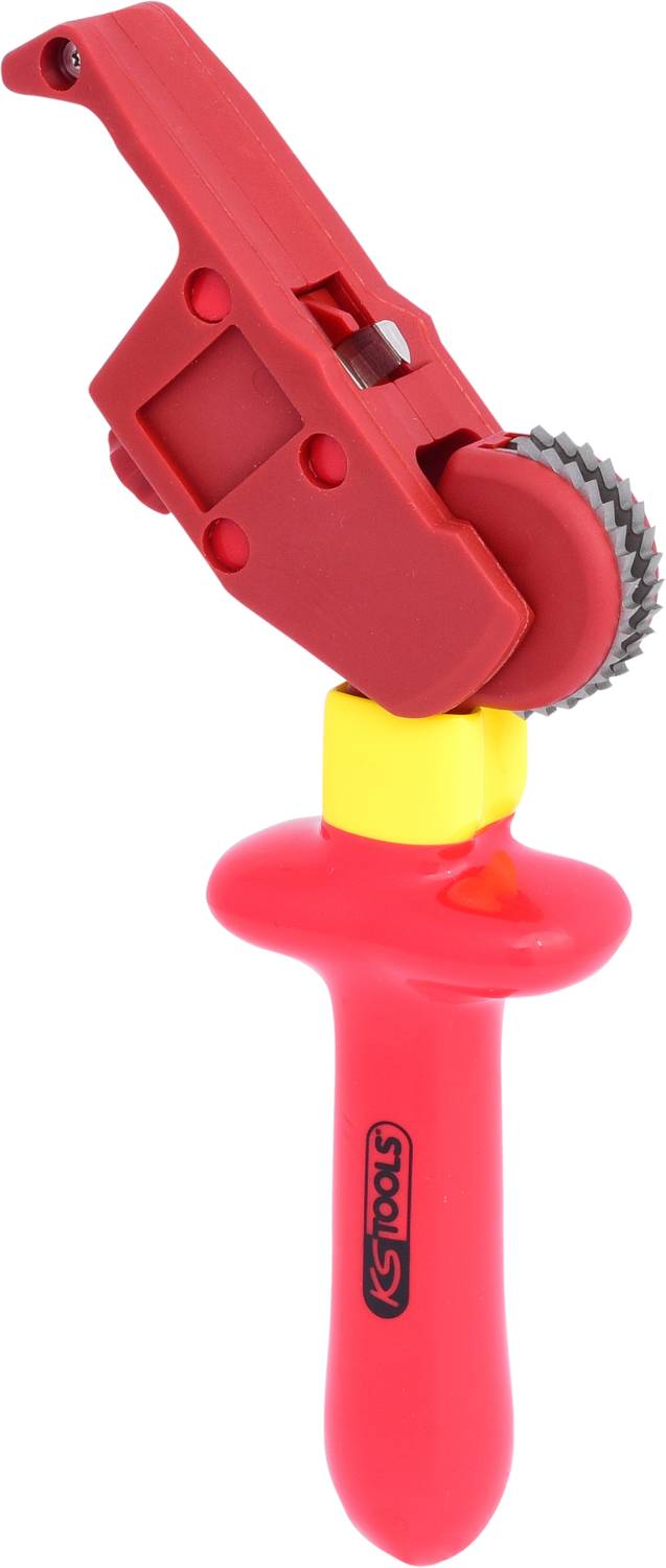 Een rood remzuiger terugstelgereedschap met een geel element en rode handgreep, gebruikt voor het terugzetten van remzuigers in remsystemen.