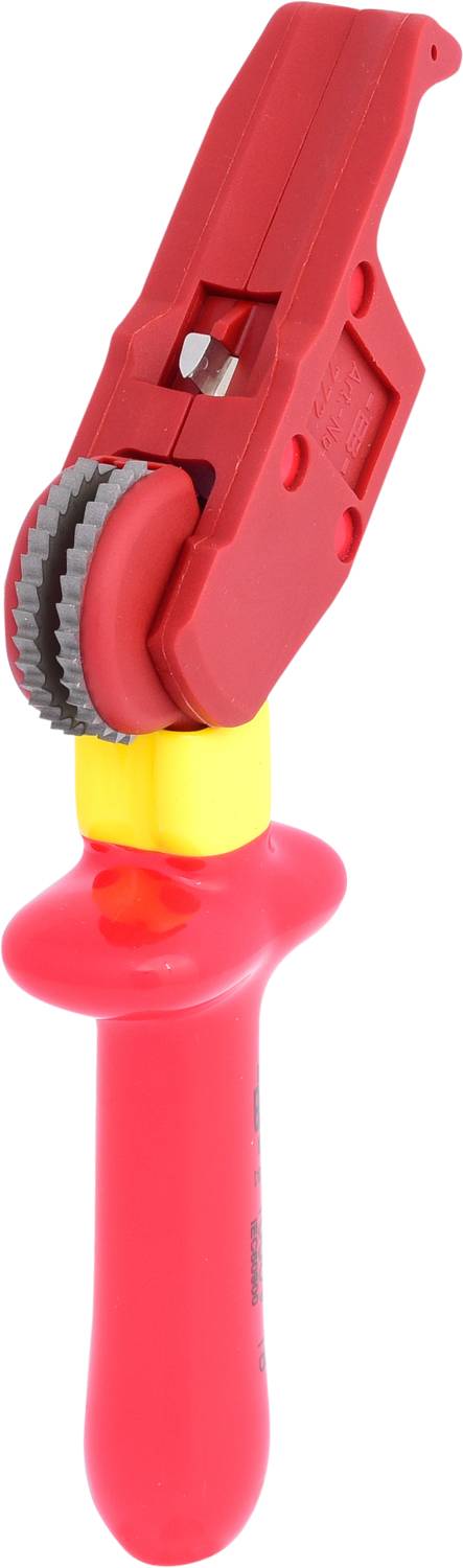 Rood kabelstripatelier met gele handgreep, geschikt voor het ontmantelen van kabelmantels, voorzien van een verstelbaar mes.
