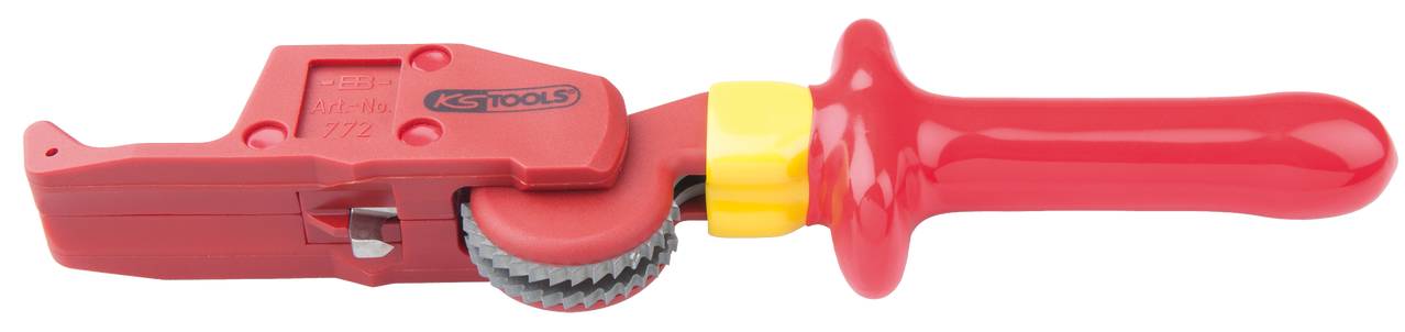 Rood ontbraammiddel met een gele instelring en een ergonomische greep, geschikt voor het veilig ontbramen van buizen.