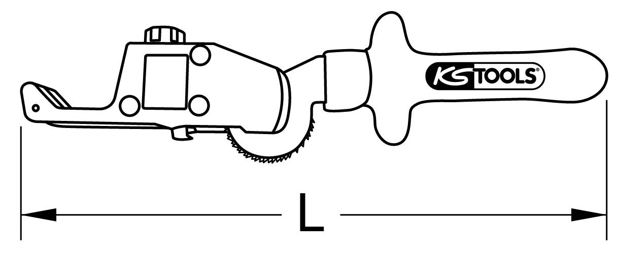 Technische tekening van een remschijf-diktemetingsapparaat van het merk 'KS Tools' met vermelding van de lengte 'L' onder het gereedschap.