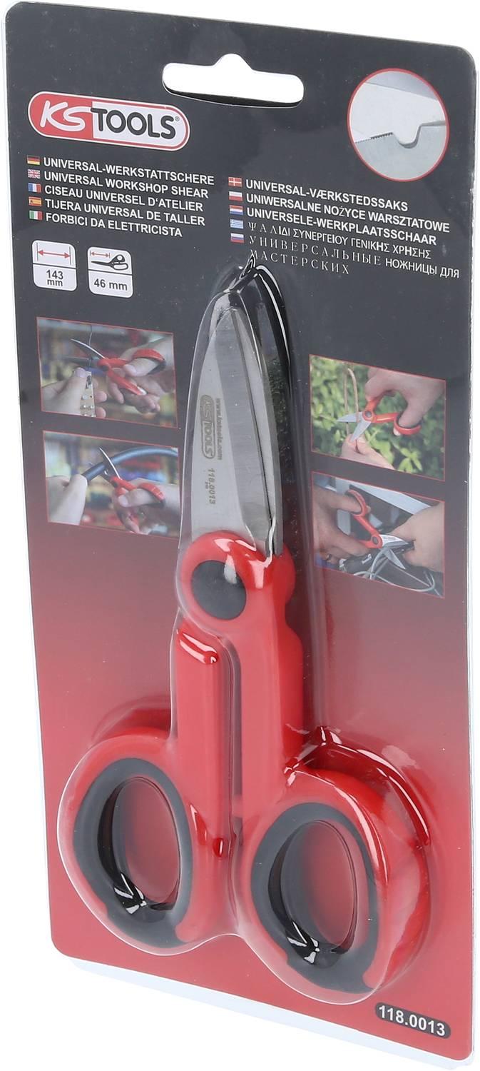 Een universele schaar in de verpakking, merk 'KS Tools'. Geschikt voor verschillende materialen en toepassingen. Schaar met rode handgreep.