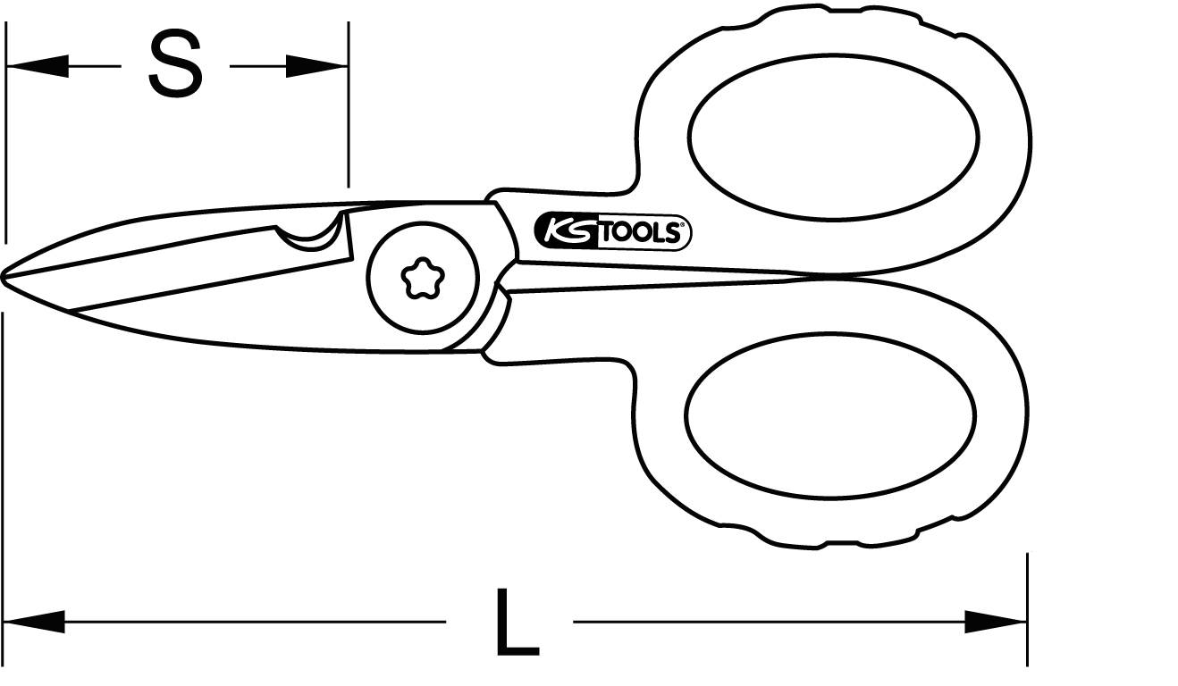 Zwart-witte tekening van een schaar met twee handgrepen en een mes. Labels 'S' en 'L' geven verschillende lengtes aan.