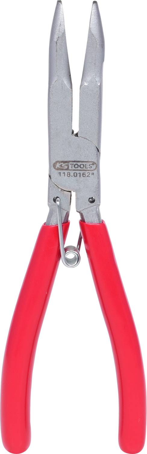 Rode punttang met metalen tangkop en veerconstructie, geschikt voor werkzaamheden in elektronica of modelbouw.