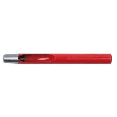 Een rode lederen perforator met een metalen punt. Hoofdinstrument voor het maken van kleine, ronde gaatjes in materialen zoals leer.