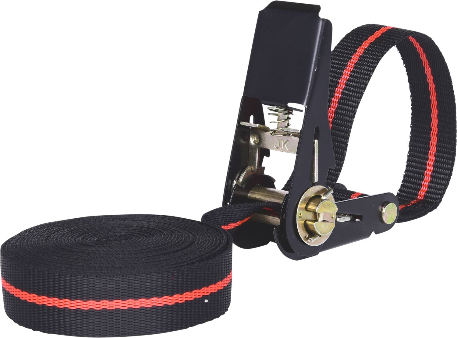 Zwarte spanketting met rode streep en ratelgesp, opgerold, naast de ratelgesp voor bevestiging.