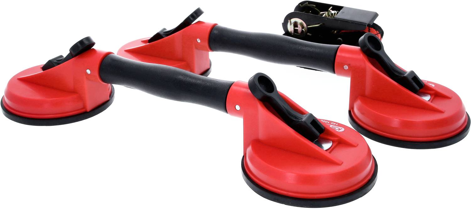 Twee rode zuignappen met zwarte handgreep, gebruikt voor het optillen van glas of andere gladde oppervlakken.