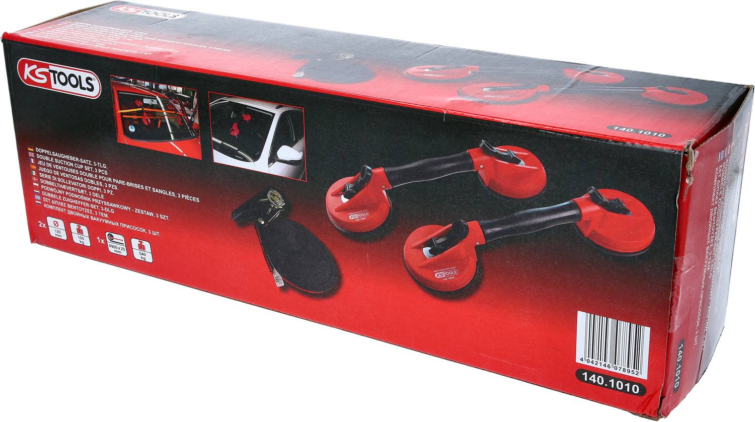 Verpakking van een vacuumdrager-set met vier rode zuignappen. Toont toepassingsvoorbeelden op een voertuig. Merk: KS Tools.