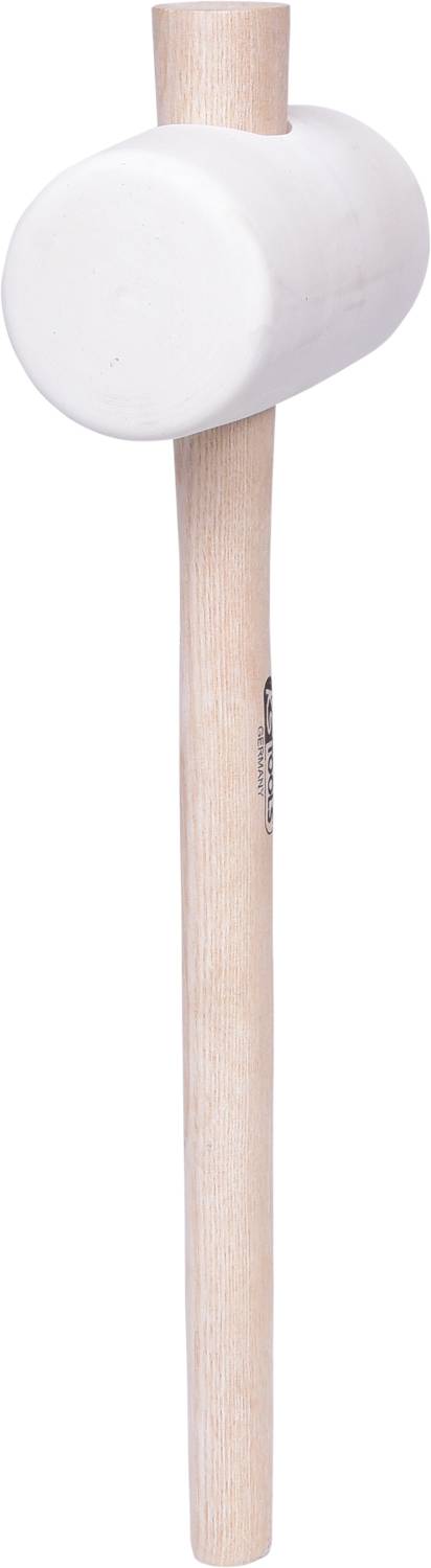 Een witte rubberen hamer met een houten handvat, verticaal vastgehouden.